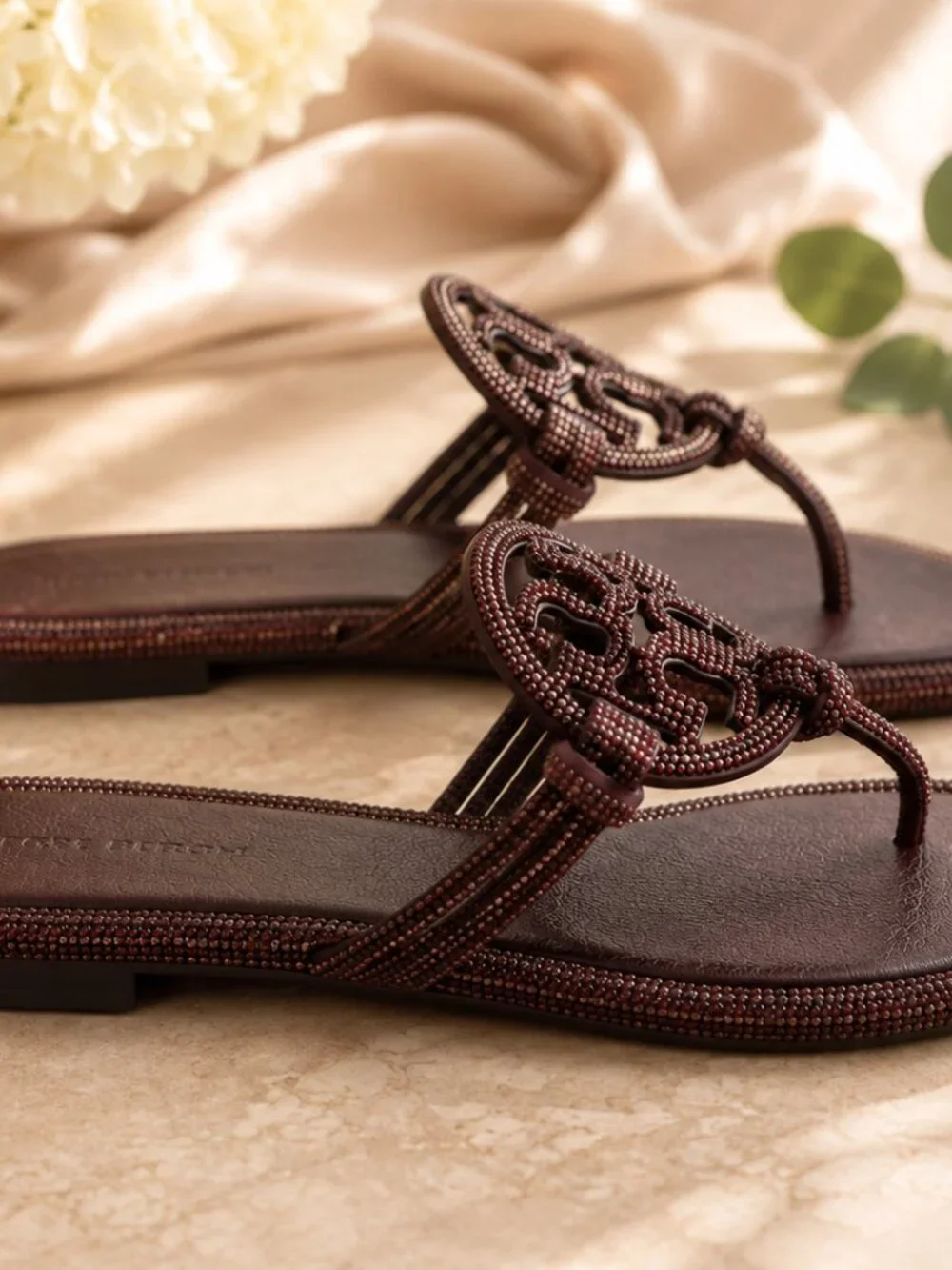 NEW Tory Burch Knotted Crystal Miller Sandals COCOA BROWN
